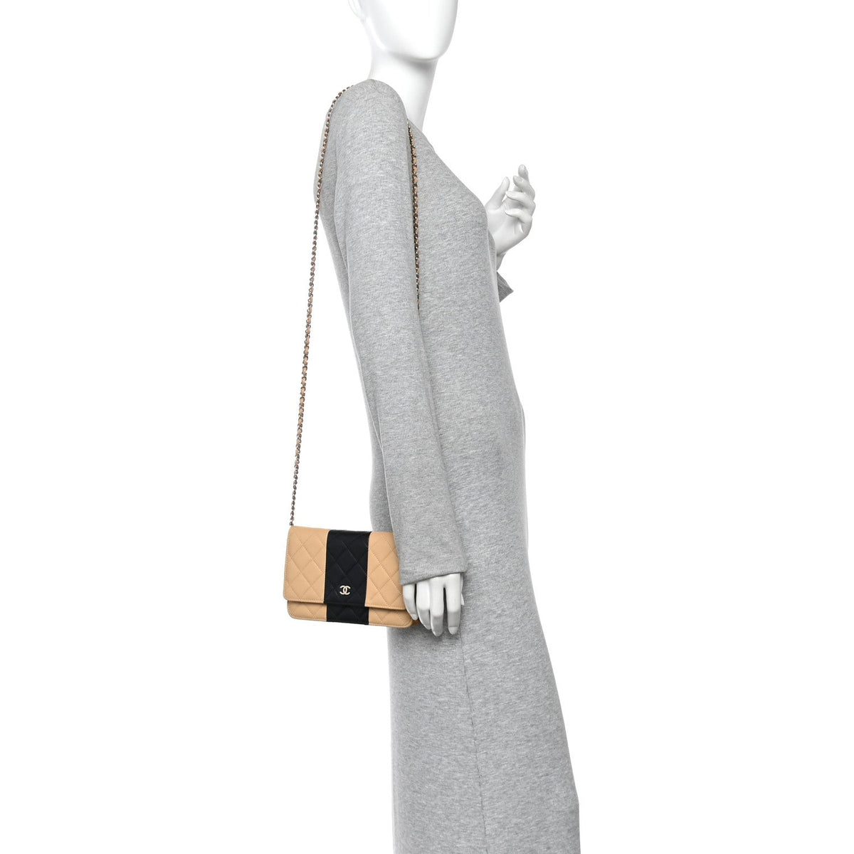 Lambskin Quilted Wallet On Chain WOC Beige Black wholesalehk.shop