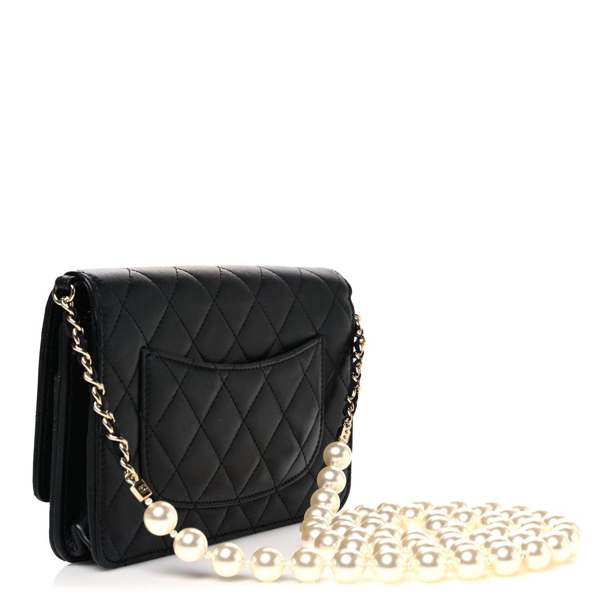 Lambskin Quilted Pearl Wallet On Chain WOC Black wholesalehk.shop