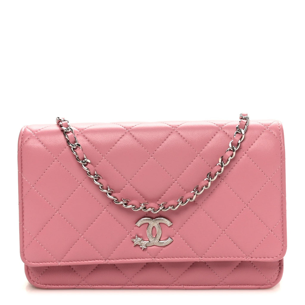 Lambskin Quilted Crystal Star Wallet On Chain WOC Pink wholesalehk.shop