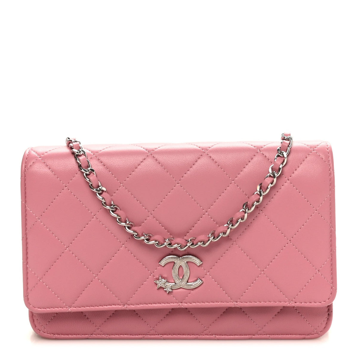 Lambskin Quilted Crystal Star Wallet On Chain WOC Pink wholesalehk.shop