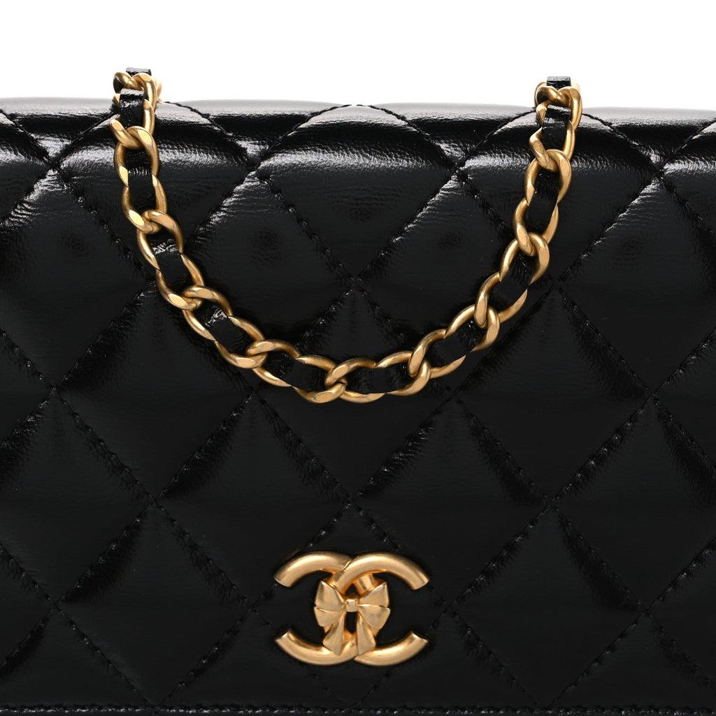 Shiny Lambskin Quilted CC Bow Wallet on Chain WOC Black wholesalehk.shop