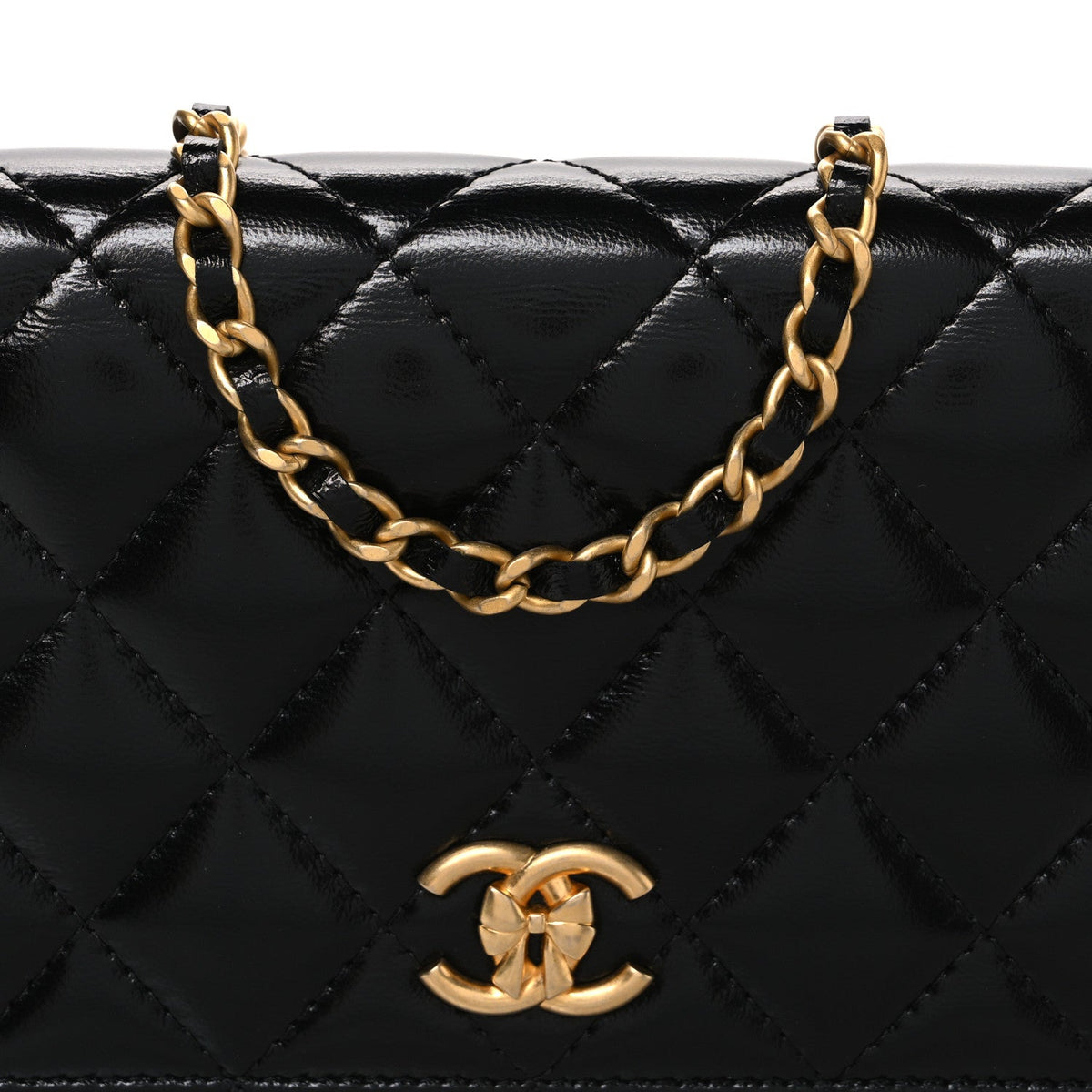 Shiny Lambskin Quilted CC Bow Wallet on Chain WOC Black wholesalehk.shop
