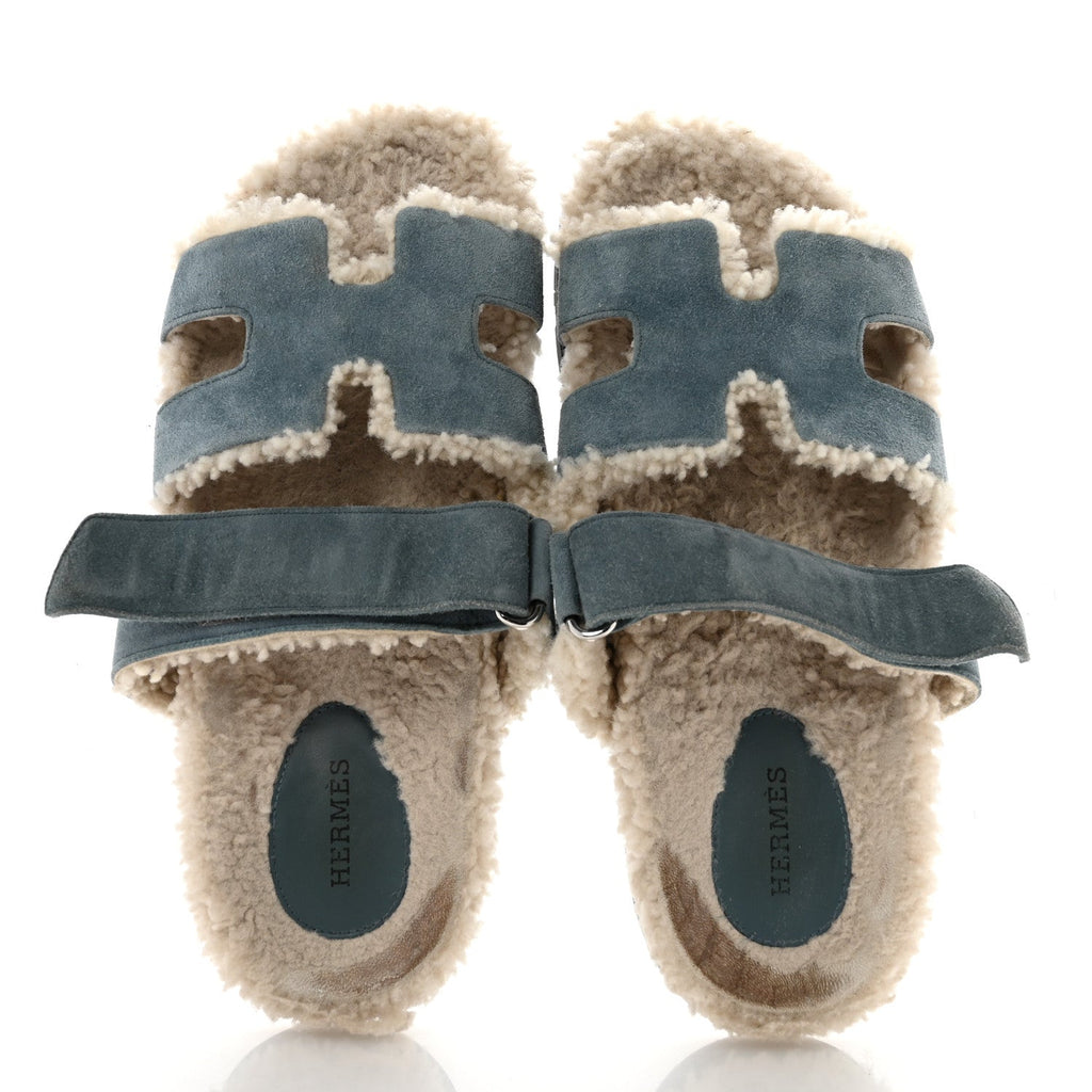 Suede Goatskin Woolskin Womens Chypre Sandals 38.5 Bleu Pinede Ecru wholesalehk.shop
