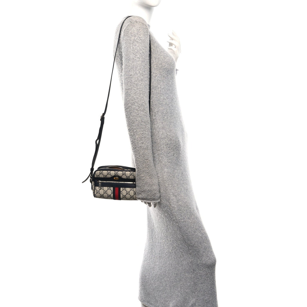GG Supreme Monogram Textured Dollar Calfskin Web Mini Ophidia Shoulder Bag Beige Blue wholesalehk.shop