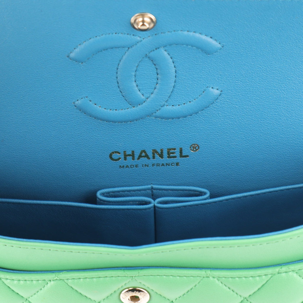 Lambskin Quilted Small Double Flap Green Blue wholesalehk.shop