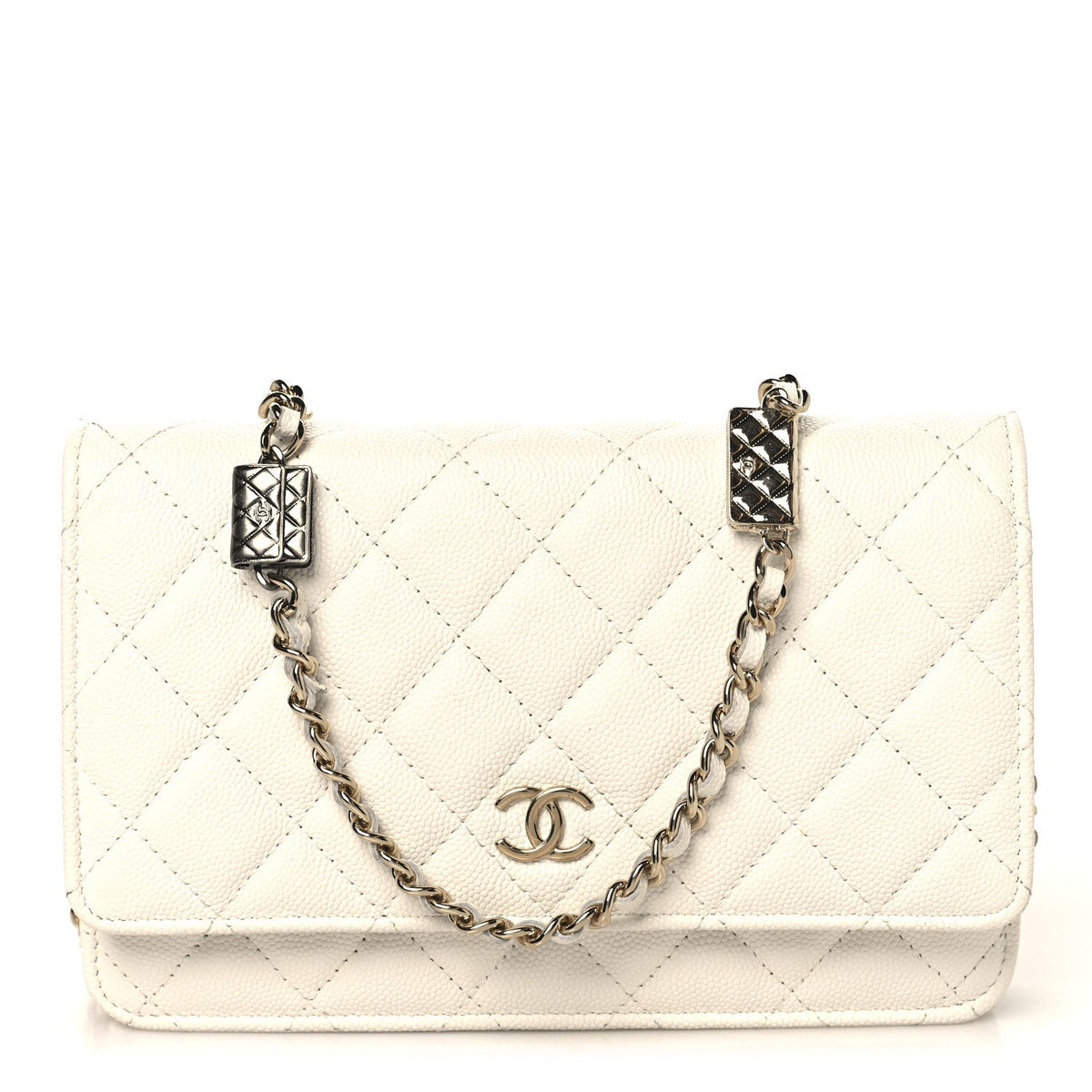 Shiny Caviar Quilted Flap Charm Wallet On Chain WOC White wholesalehk.shop