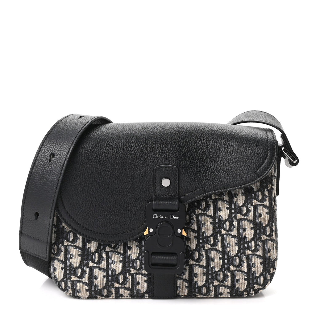 Oblique Jacquard Grained Calfskin Small Saddle Messenger Bag Beige Black wholesalehk.shop