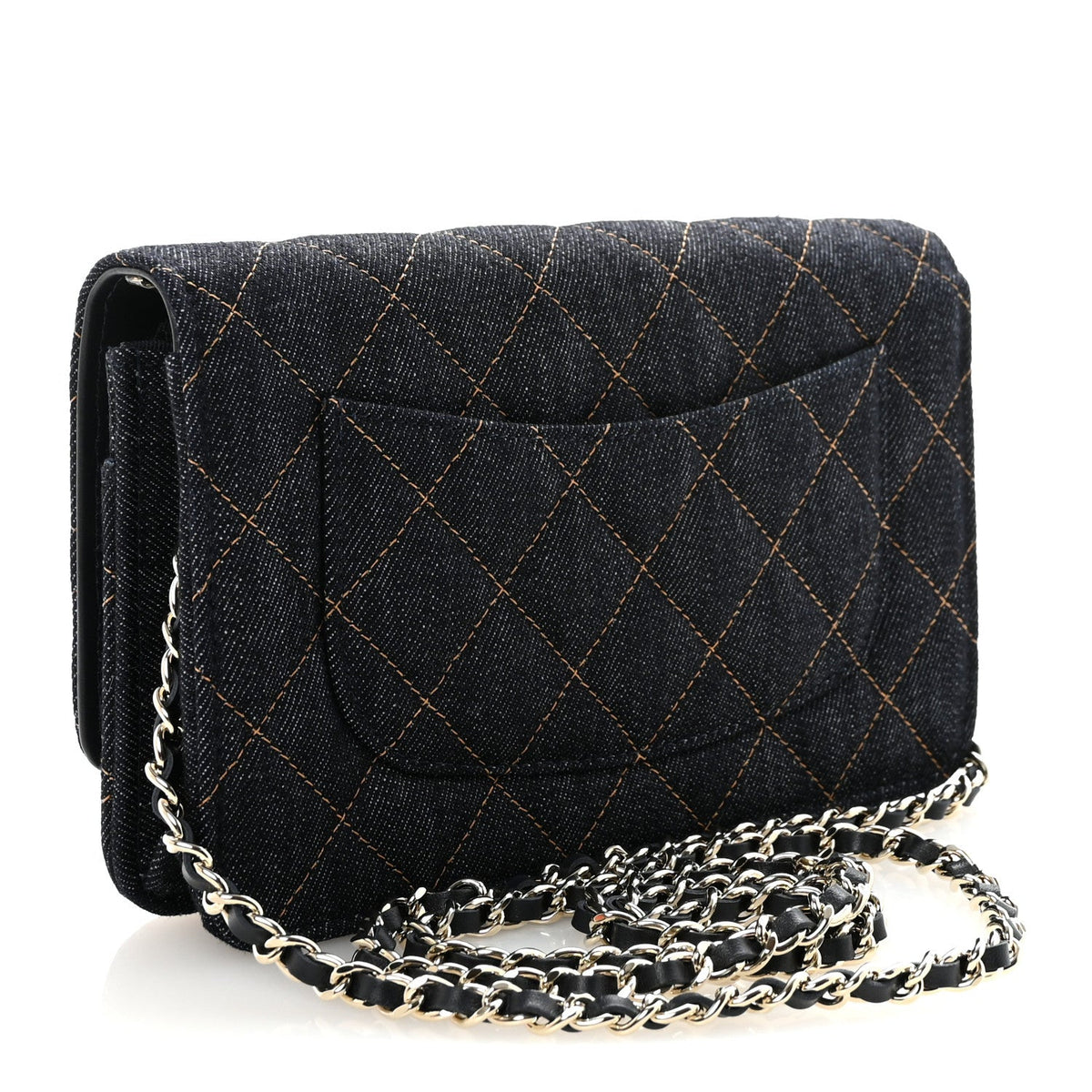 Denim Quilted CC Turnlock Wallet On Chain WOC Dark Blue Orange wholesalehk.shop
