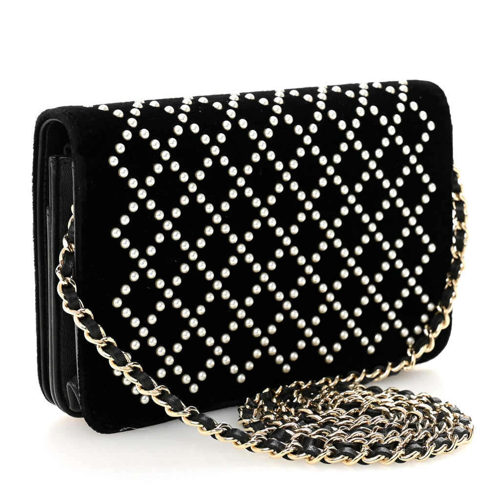 Velvet Pearl Diamond Embellished Wallet On Chain WOC Black wholesalehk.shop