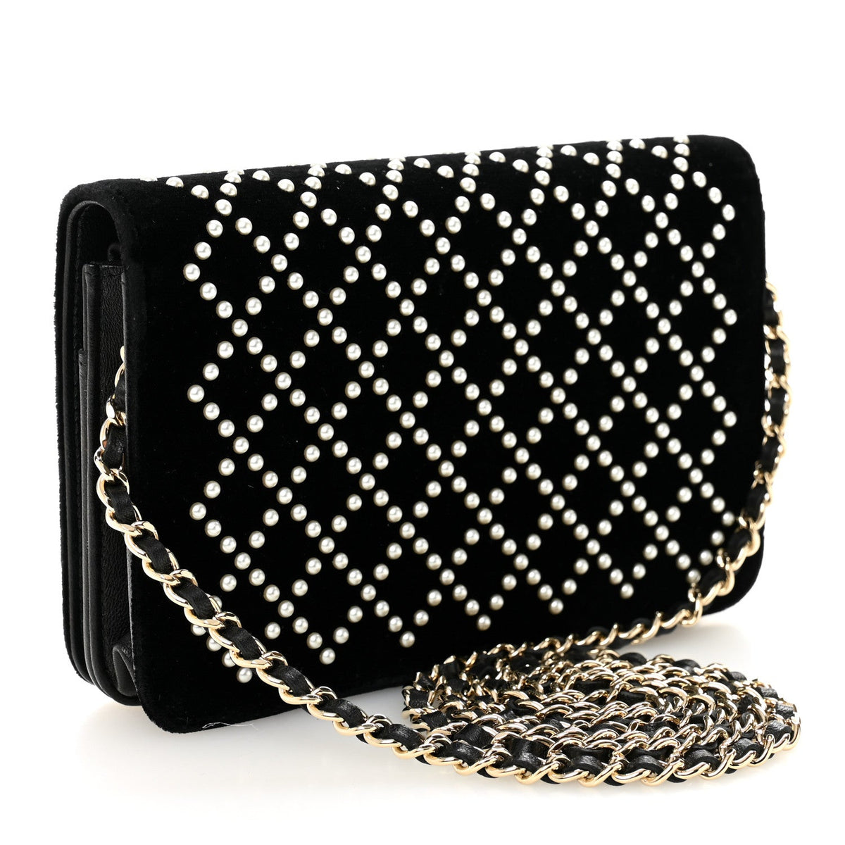 Velvet Pearl Diamond Embellished Wallet On Chain WOC Black wholesalehk.shop