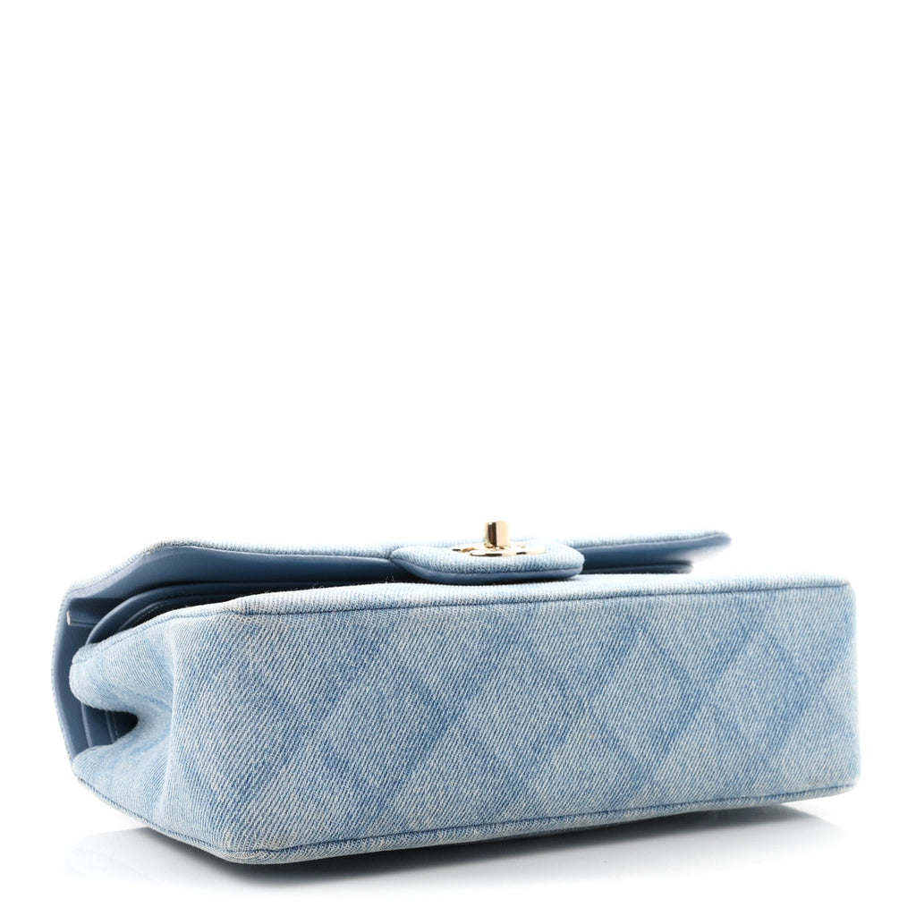 Printed Denim Quilted Small Double Flap Light Blue wholesalehk.shop