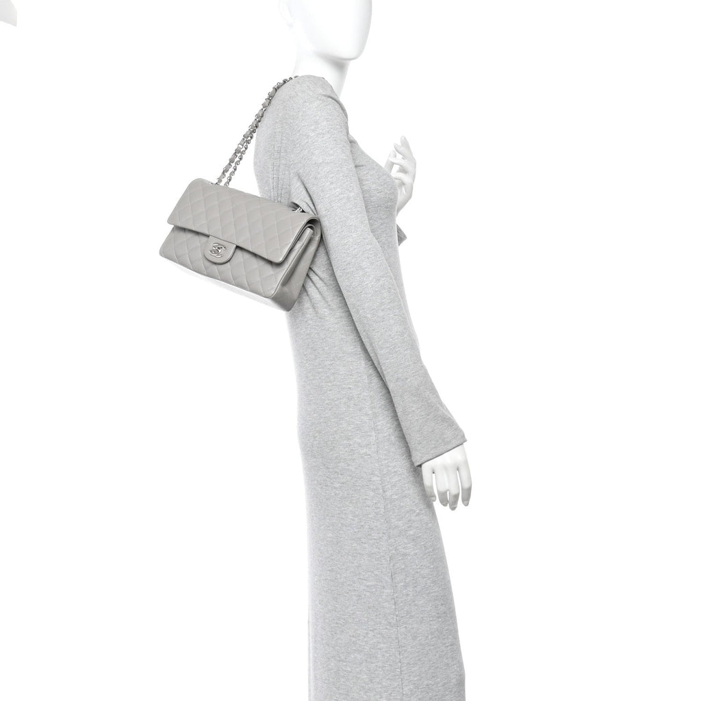 Lambskin Quilted Medium Double Flap Grey wholesalehk.shop