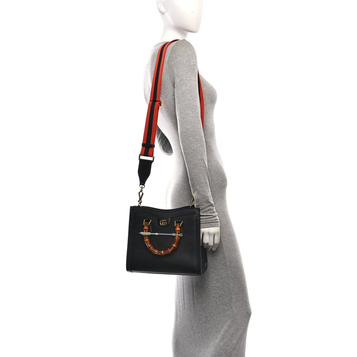 Textured Dollar Calfskin Web Small Diana Tote Bag Black Dusty Grey wholesalehk.shop