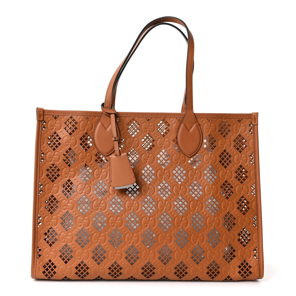 Calfskin GG Monogram Diamond Cut Medium Ophidia Tote Bag Brown wholesalehk.shop