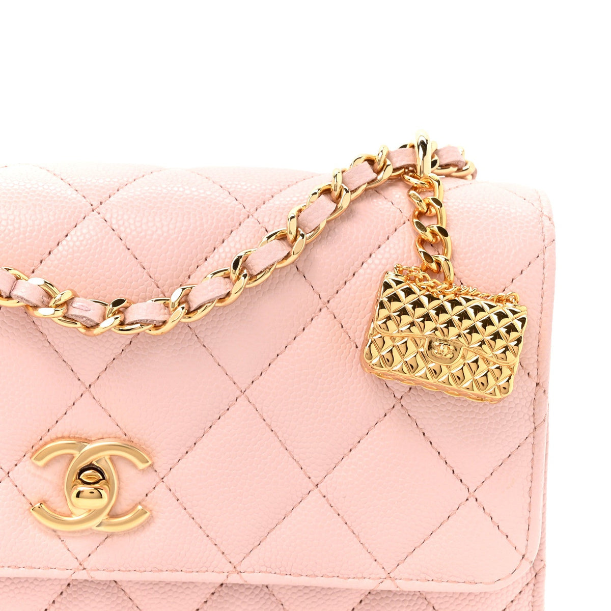 Shiny Caviar Quilted Flap Charm Wallet On Chain WOC Light Pink wholesalehk.shop