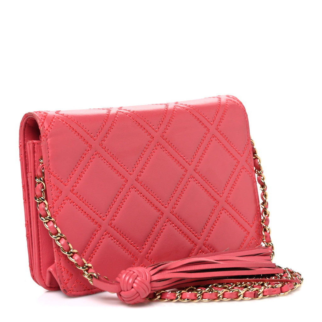 Lambskin Quilted Double Stitch Tassel Wallet On Chain WOC Pink wholesalehk.shop