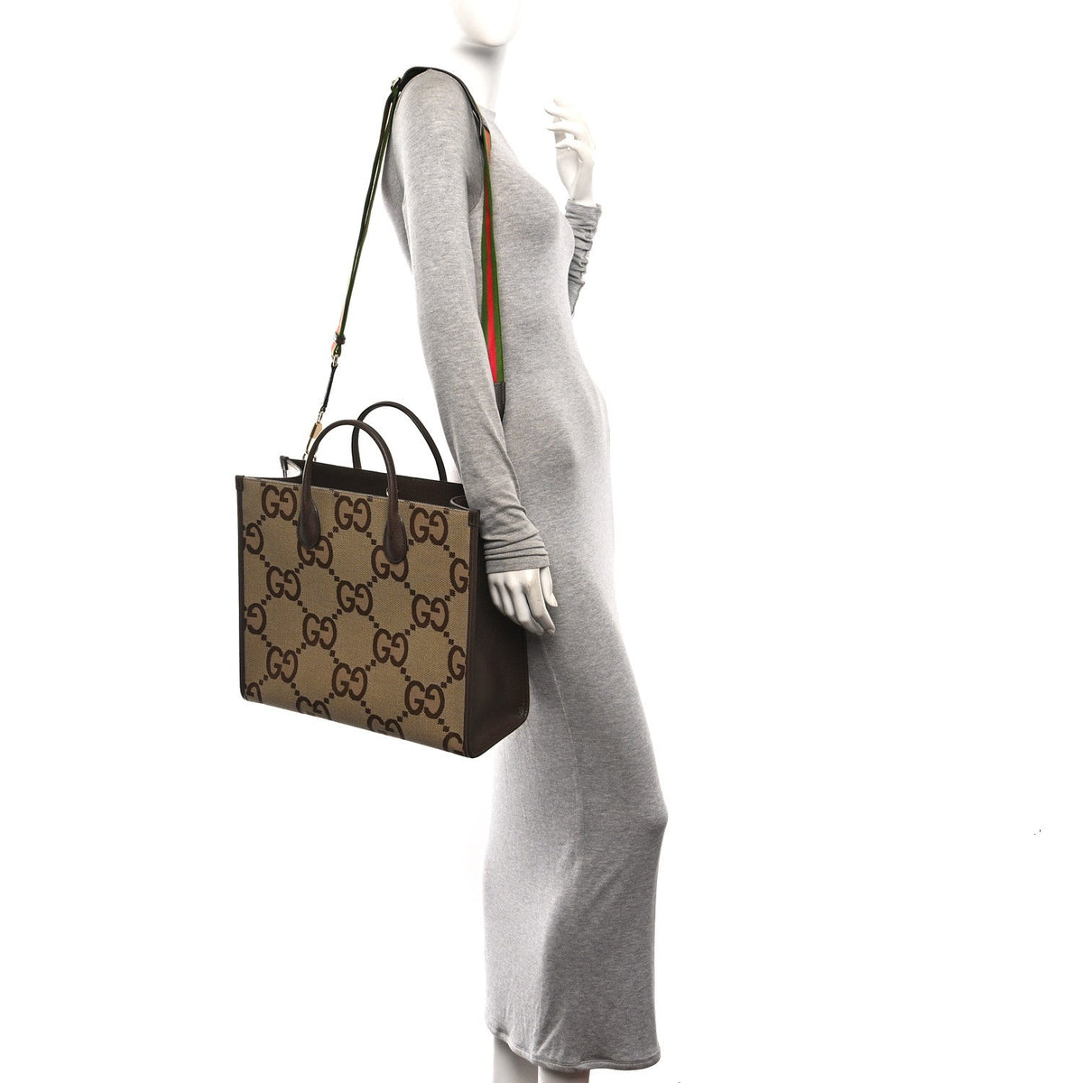 Monogram Jumbo GG Textured Dollar Calfskin Web Tote Bag Camel Ebony New Acero wholesalehk.shop