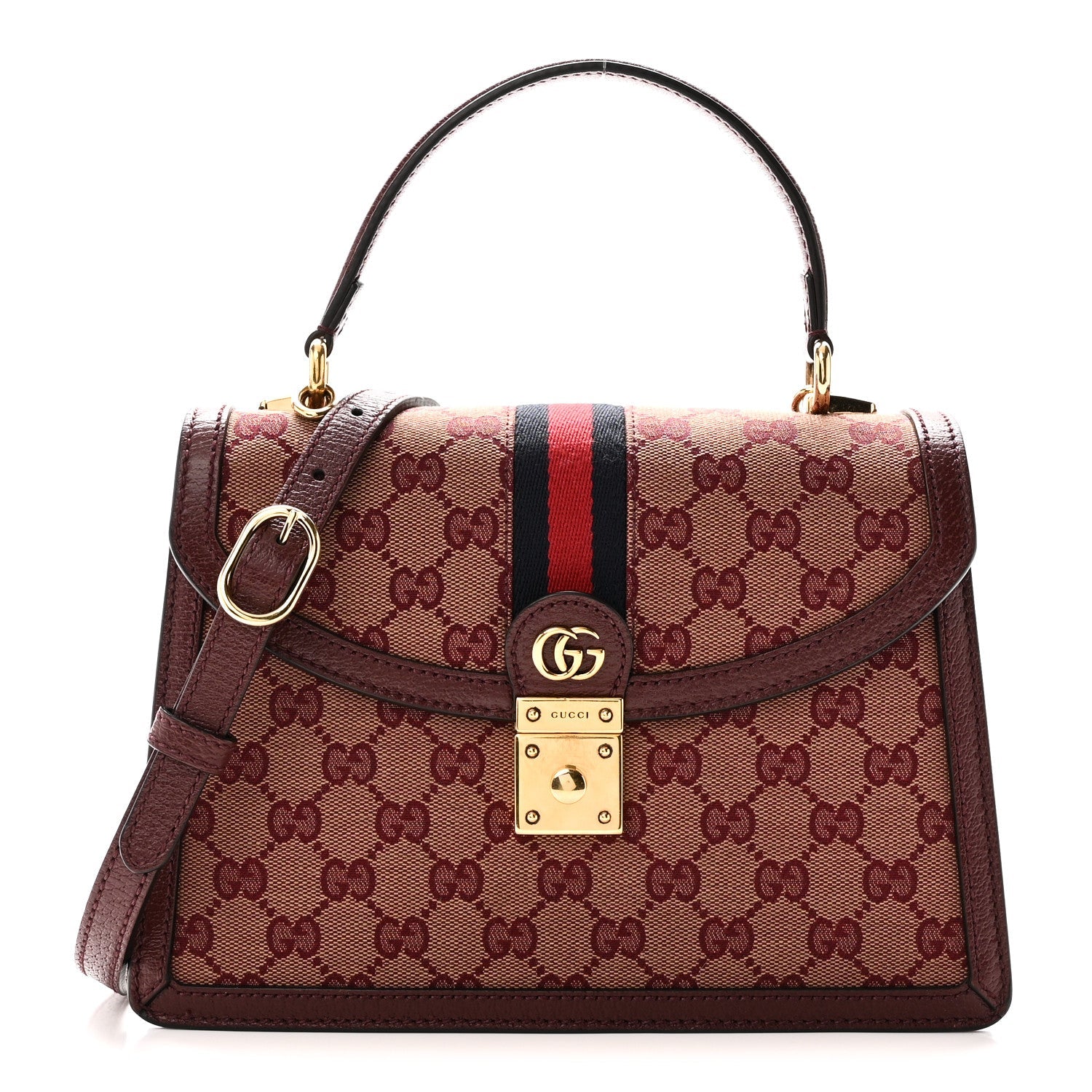 GG Supreme Monogram Textured Dollar Calfskin Web Small Ophidia Padlock Top Handle Bag Bordeaux £¨ Direct shipment via from wholesalehk.shop