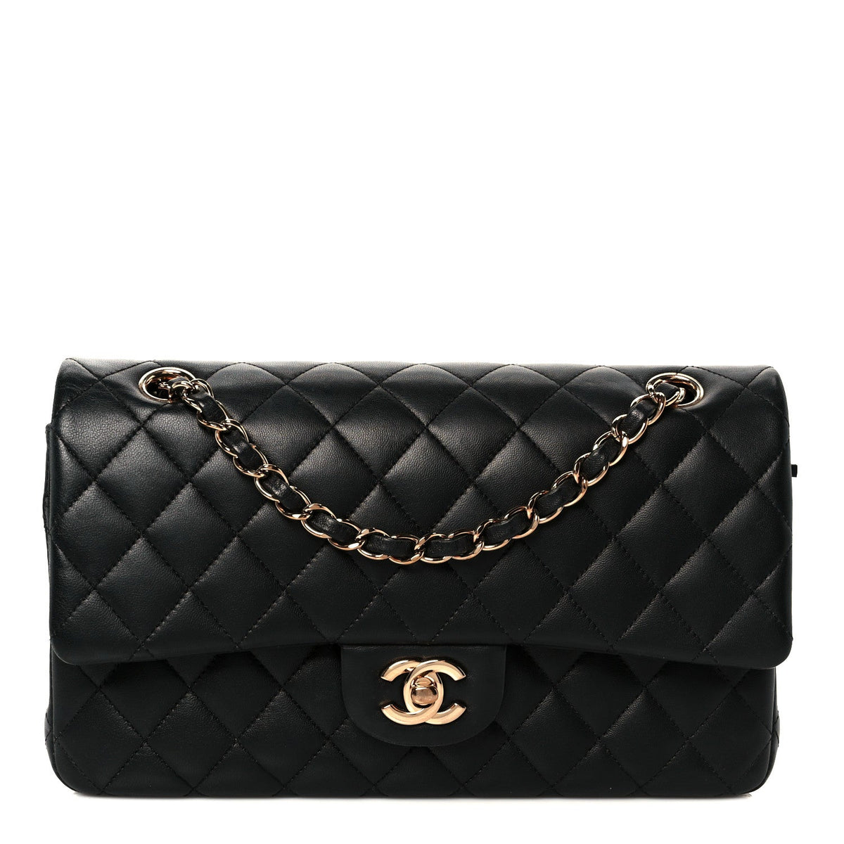 Lambskin Quilted Medium Double Flap Black wholesalehk.shop