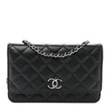 Lambskin Quilted Enamel CC Wallet on Chain WOC Black wholesalehk.shop