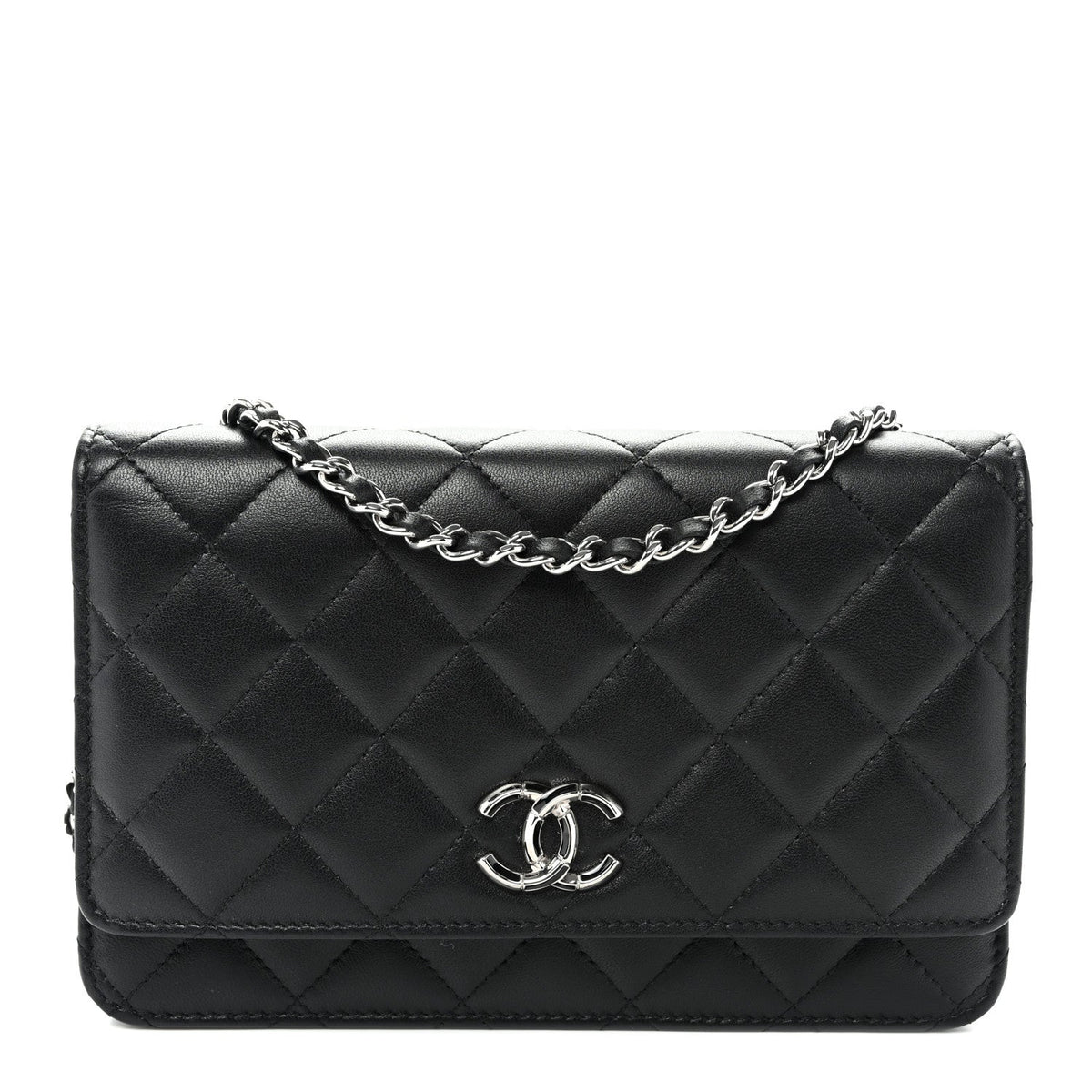 Lambskin Quilted Enamel CC Wallet on Chain WOC Black wholesalehk.shop