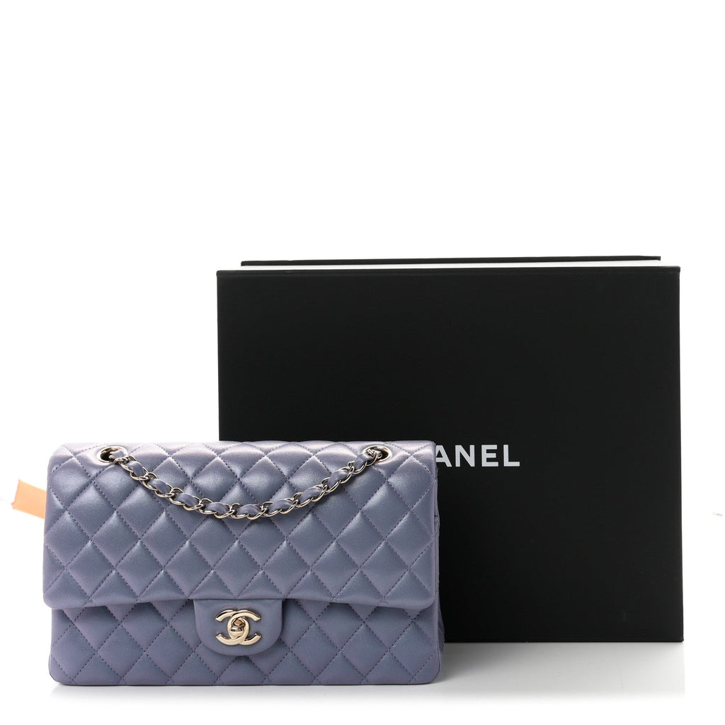 Iridescent Lambskin Quilted Medium Double Flap Light Purple wholesalehk.shop