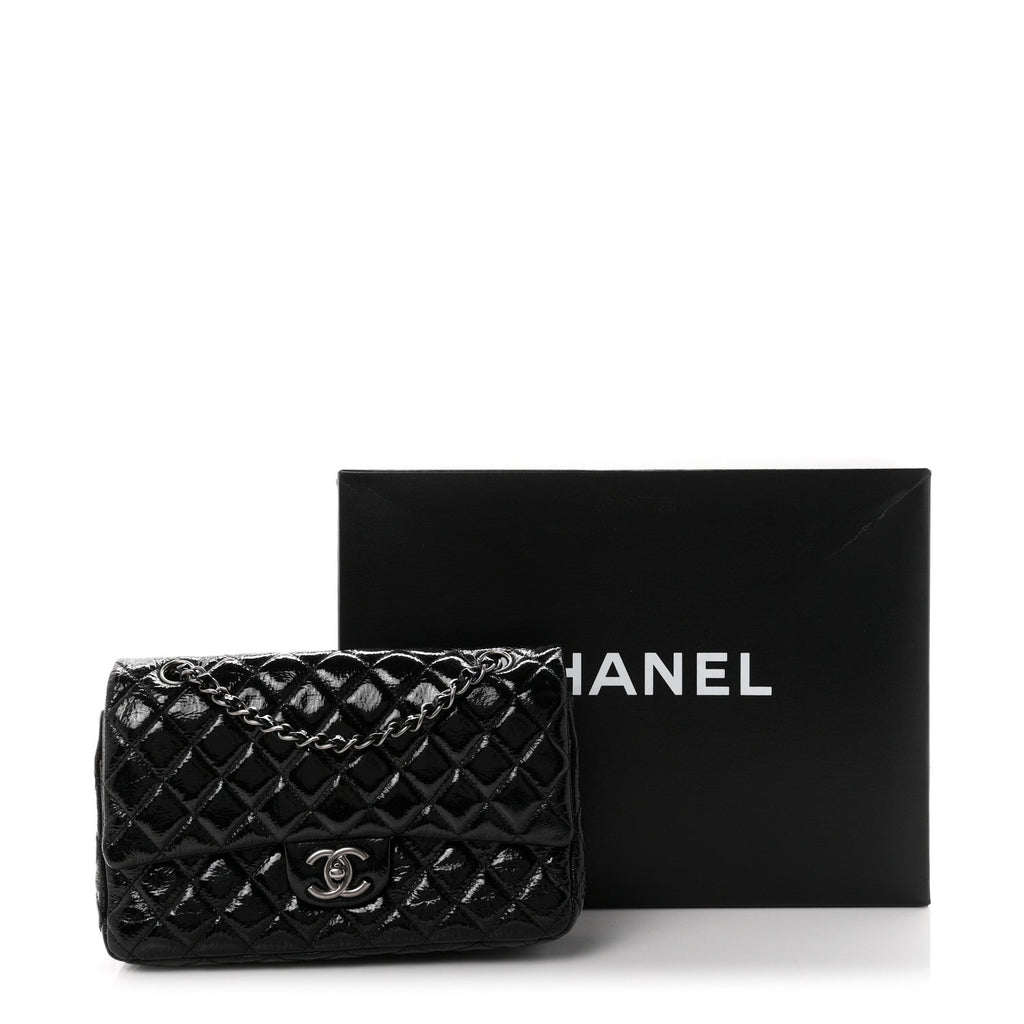 Crumpled Patent Quilted Medium Double Flap Black wholesalehk.shop