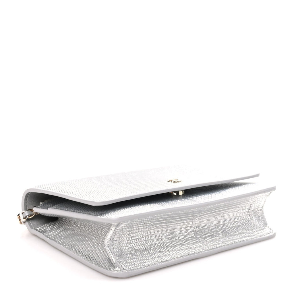 Calfskin Lizard Embossed Wallet on Chain WOC Silver wholesalehk.shop