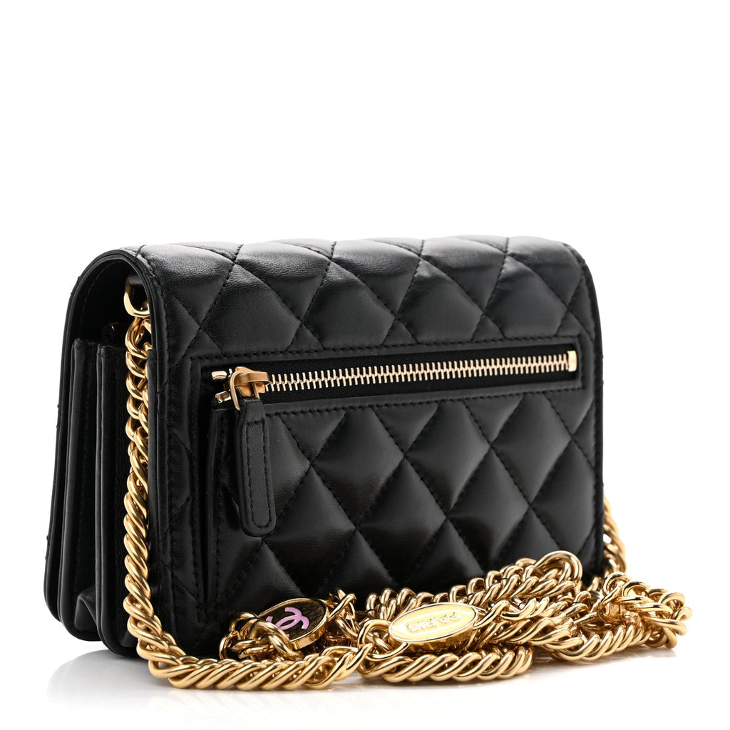Lambskin Resin Quilted Mini Wallet On Chain WOC Black wholesalehk.shop
