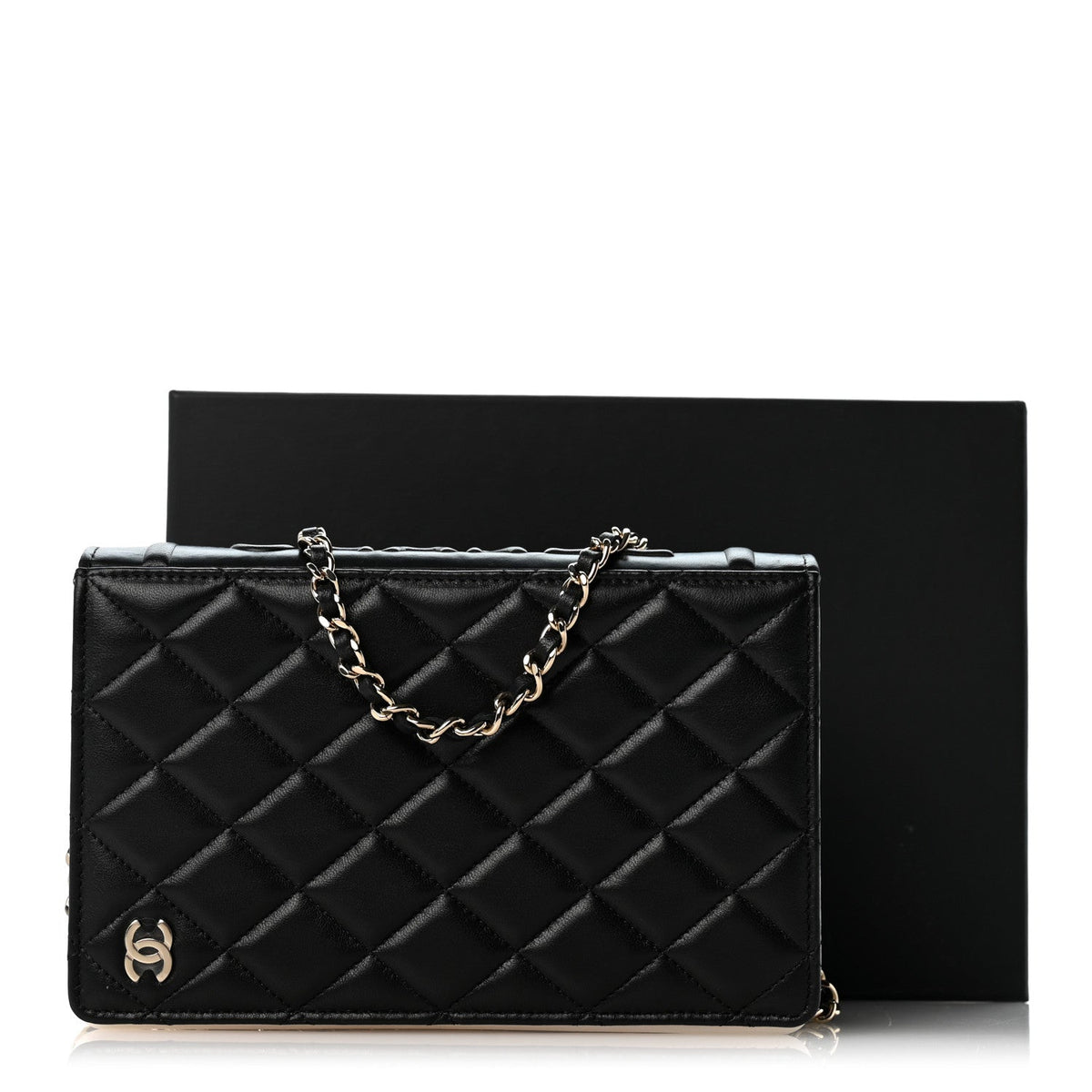 Lambskin Quilted Book Wallet On Chain WOC Black wholesalehk.shop
