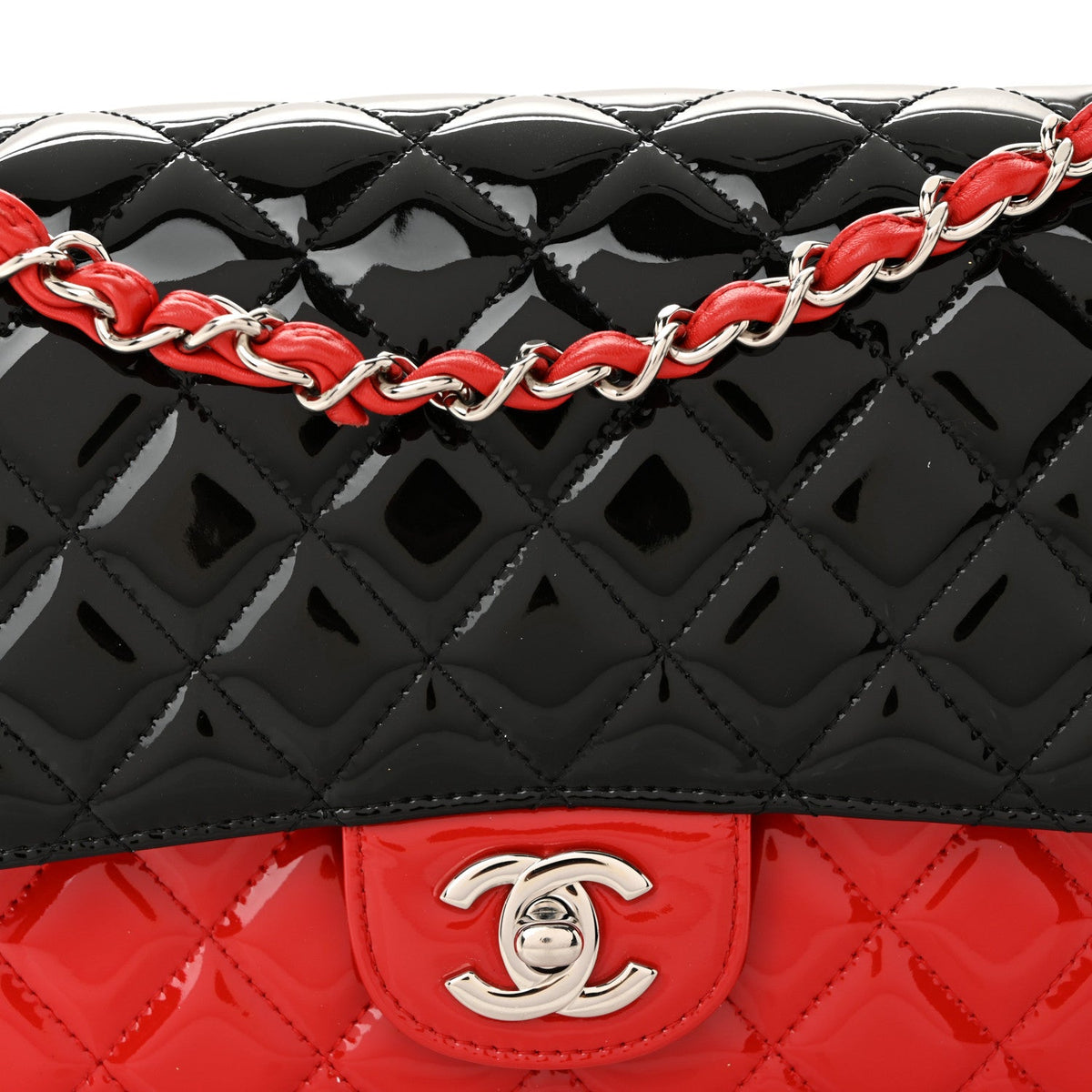 Patent Calfskin Quilted Bi-Color Medium Double Flap Black Red wholesalehk.shop