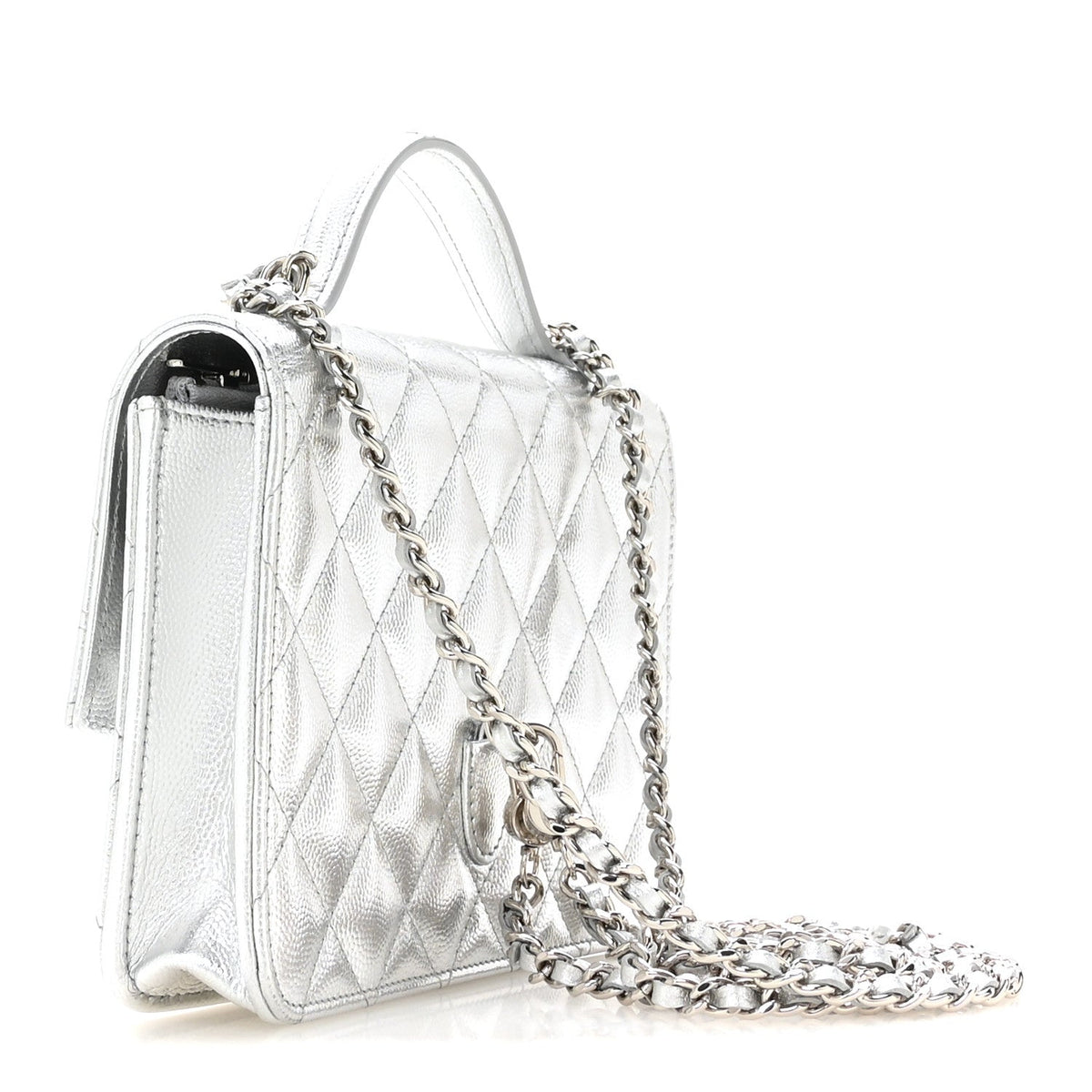 Metallic Caviar Quilted Top Handle Wallet on Chain WOC Silver wholesalehk.shop