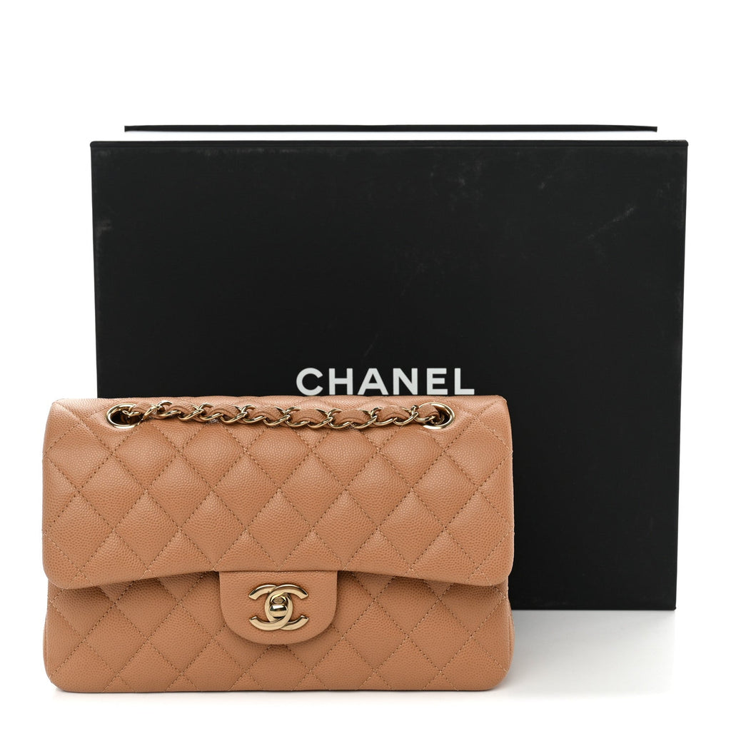 Caviar Quilted Small Double Flap Dark Beige wholesalehk.shop