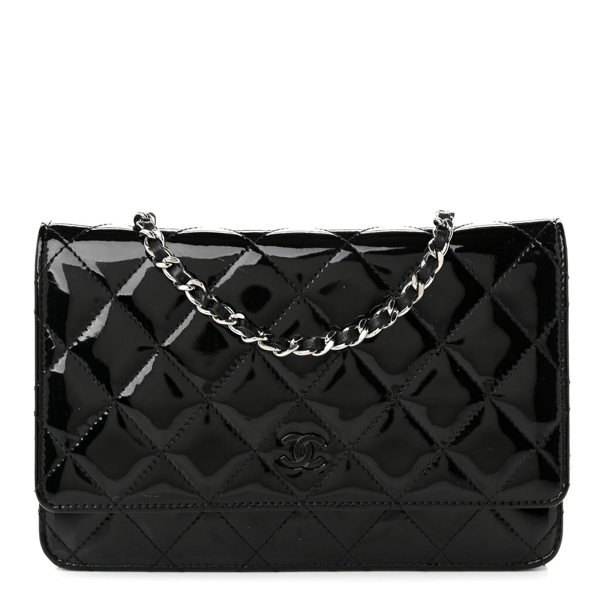 Patent Quilted Wallet On Chain WOC Black wholesalehk.shop