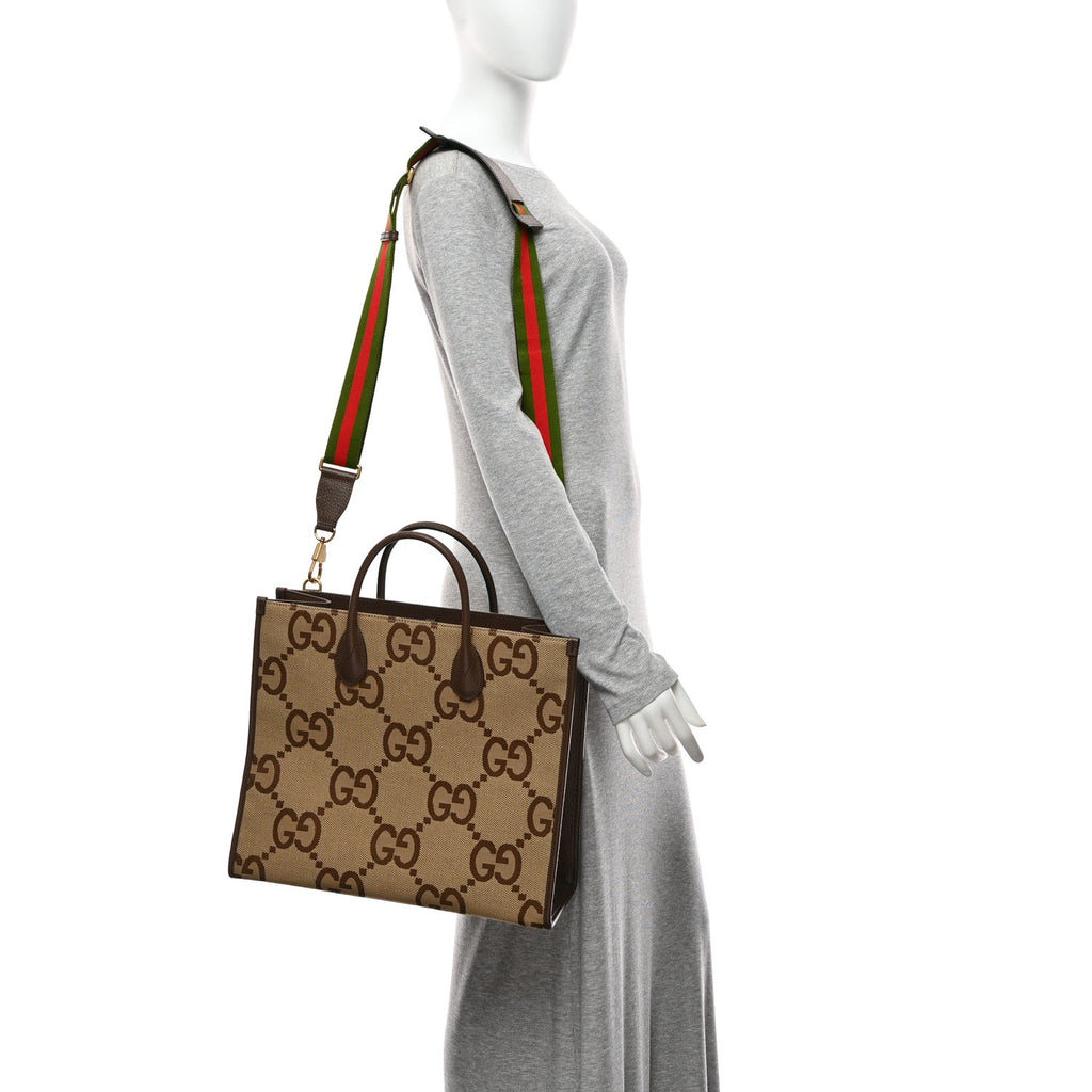 Monogram Jumbo GG Textured Dollar Calfskin Web Tote Bag Camel Ebony New Acero wholesalehk.shop