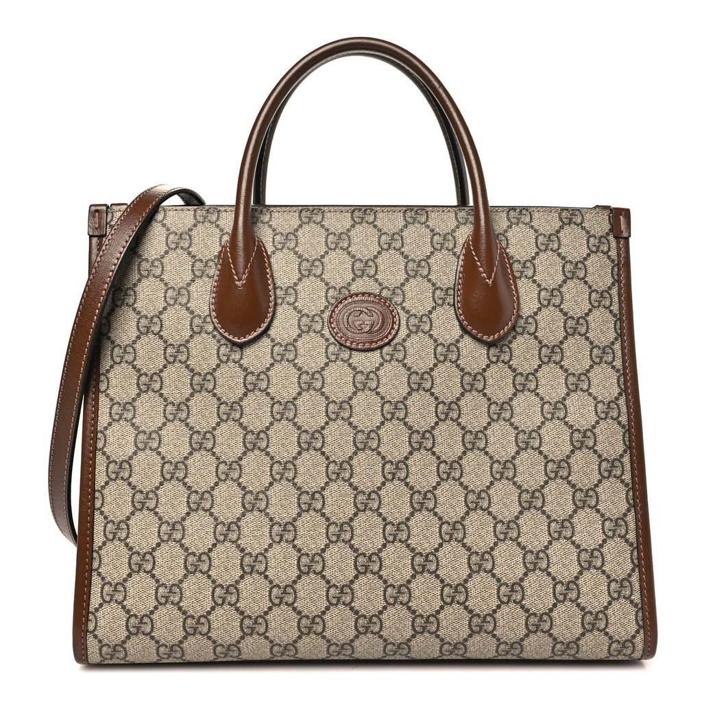 GG Supreme Monogram Azalea Calfskin Small Retro Interlocking G Tote Bag Beige Ebony Brown Sugar wholesalehk.shop