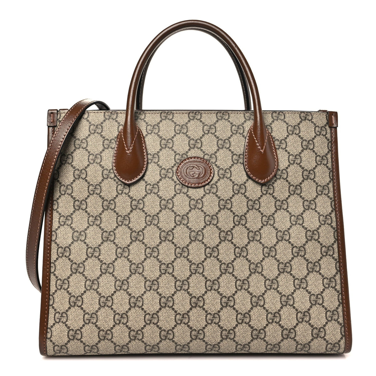 GG Supreme Monogram Azalea Calfskin Small Retro Interlocking G Tote Bag Beige Ebony Brown Sugar wholesalehk.shop