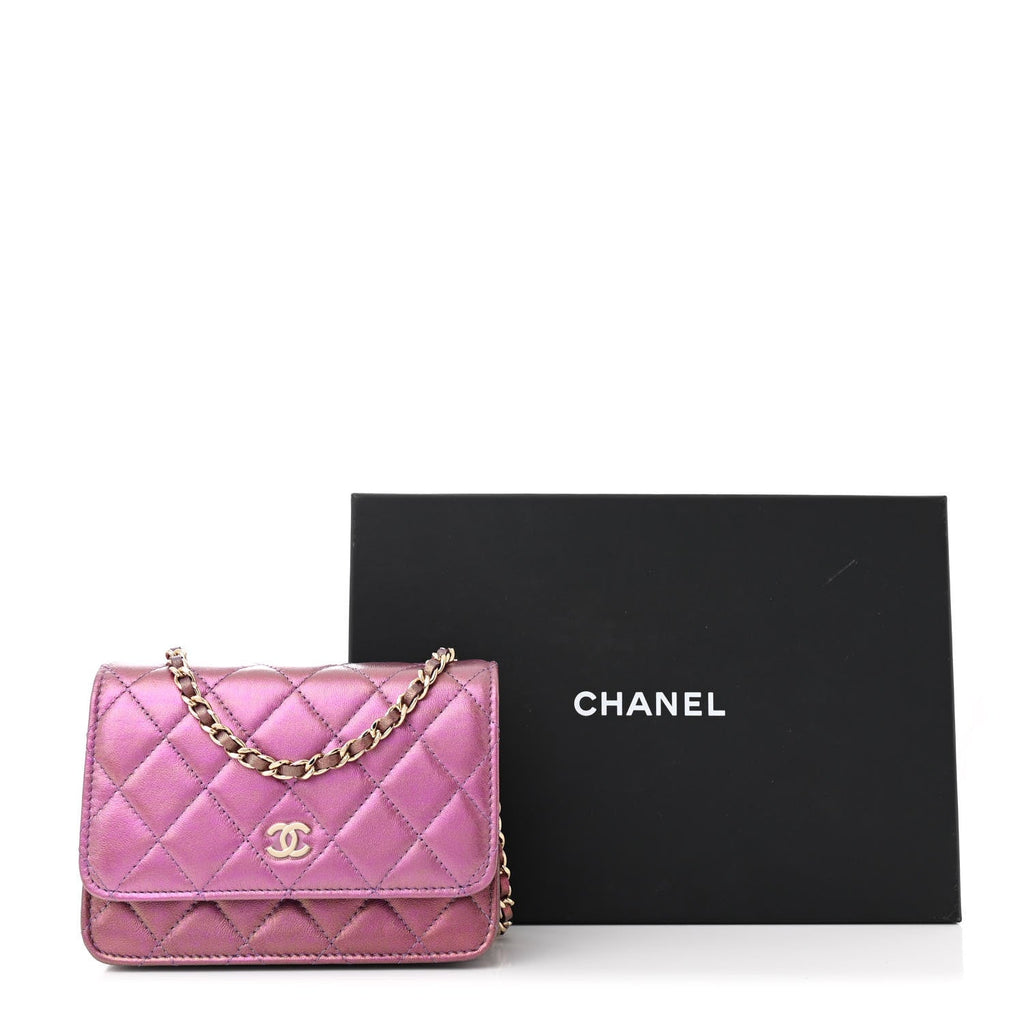 Iridescent Lambskin Quilted Mini Wallet On Chain WOC Purple wholesalehk.shop