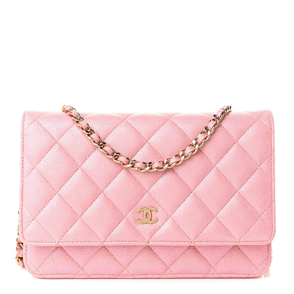 Iridescent Caviar Quilted Wallet on Chain WOC Rose Pink wholesalehk.shop