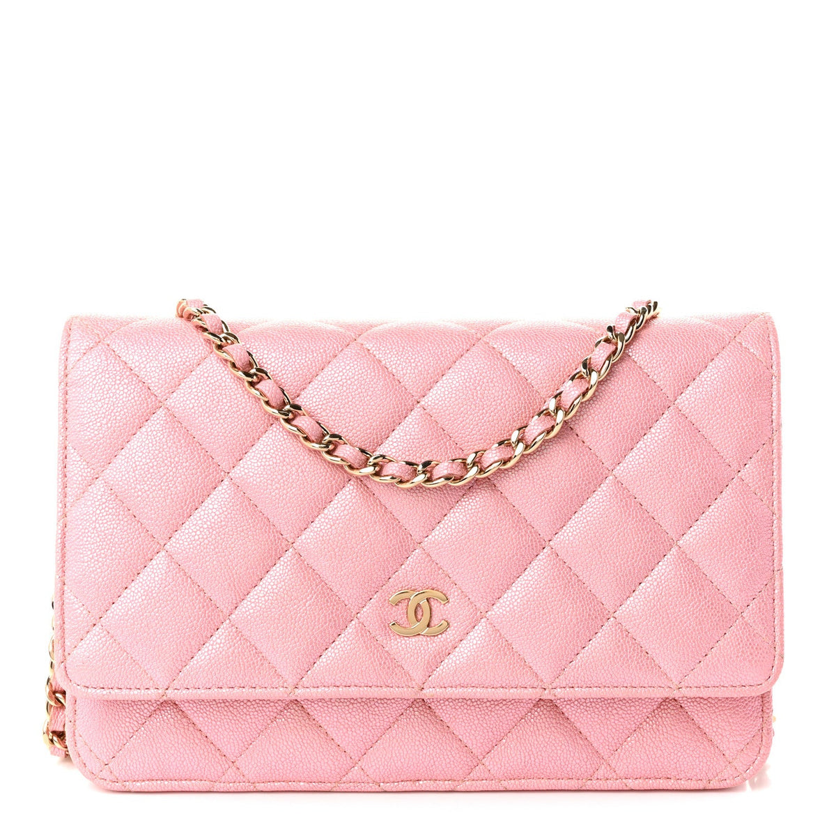 Iridescent Caviar Quilted Wallet on Chain WOC Rose Pink wholesalehk.shop