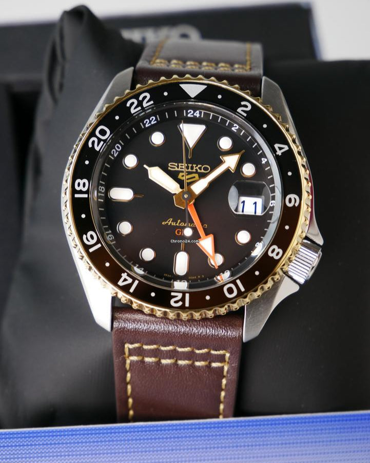 Seiko 5 Sports SKX GMT Automatic Mocha Black Dial Brown Leather Strap Watch For Men - SSK036K1 wholesalehk.shop