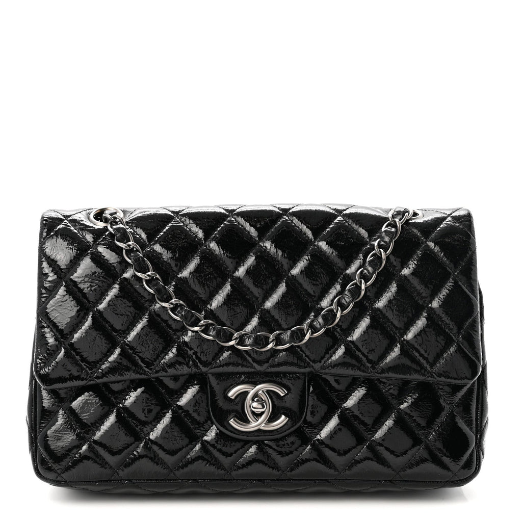 Crumpled Patent Quilted Medium Double Flap Black wholesalehk.shop