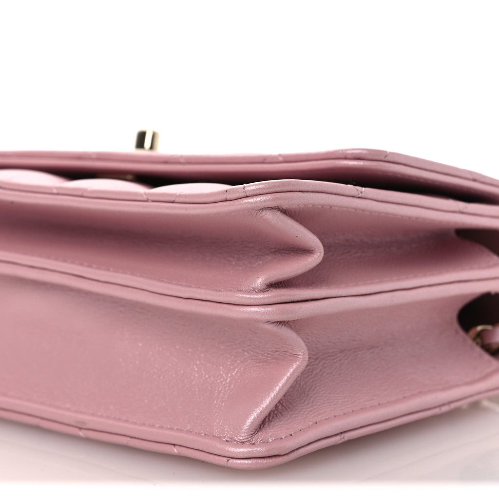 Pearly Lambskin Quilted Charms Wallet On Chain WOC Light Pink wholesalehk.shop