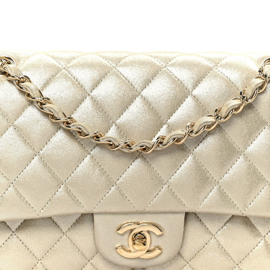Metallic Canvas Quilted Medium Double Flap Light Gold wholesalehk.shop