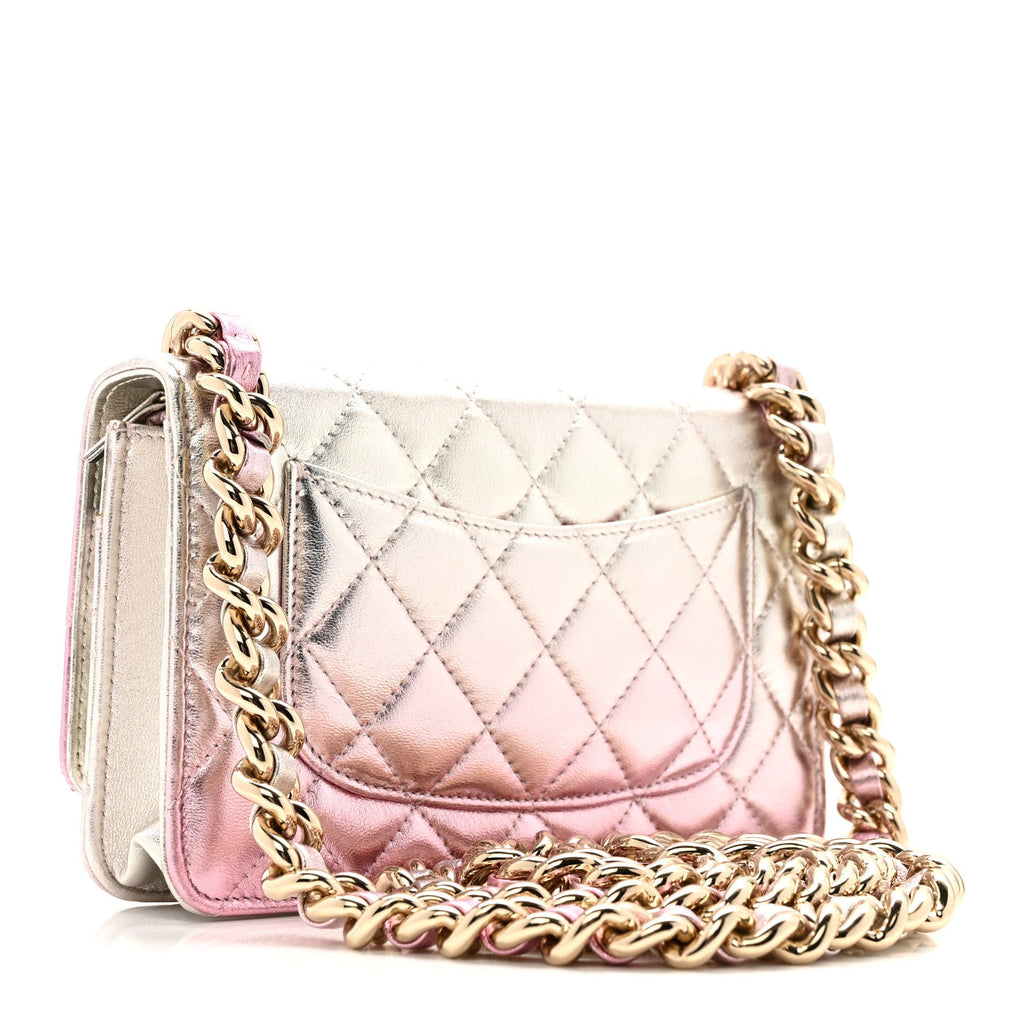 Gradient Metallic Lambskin Quilted Like A Wallet Wallet On Chain WOC Gold Pink wholesalehk.shop