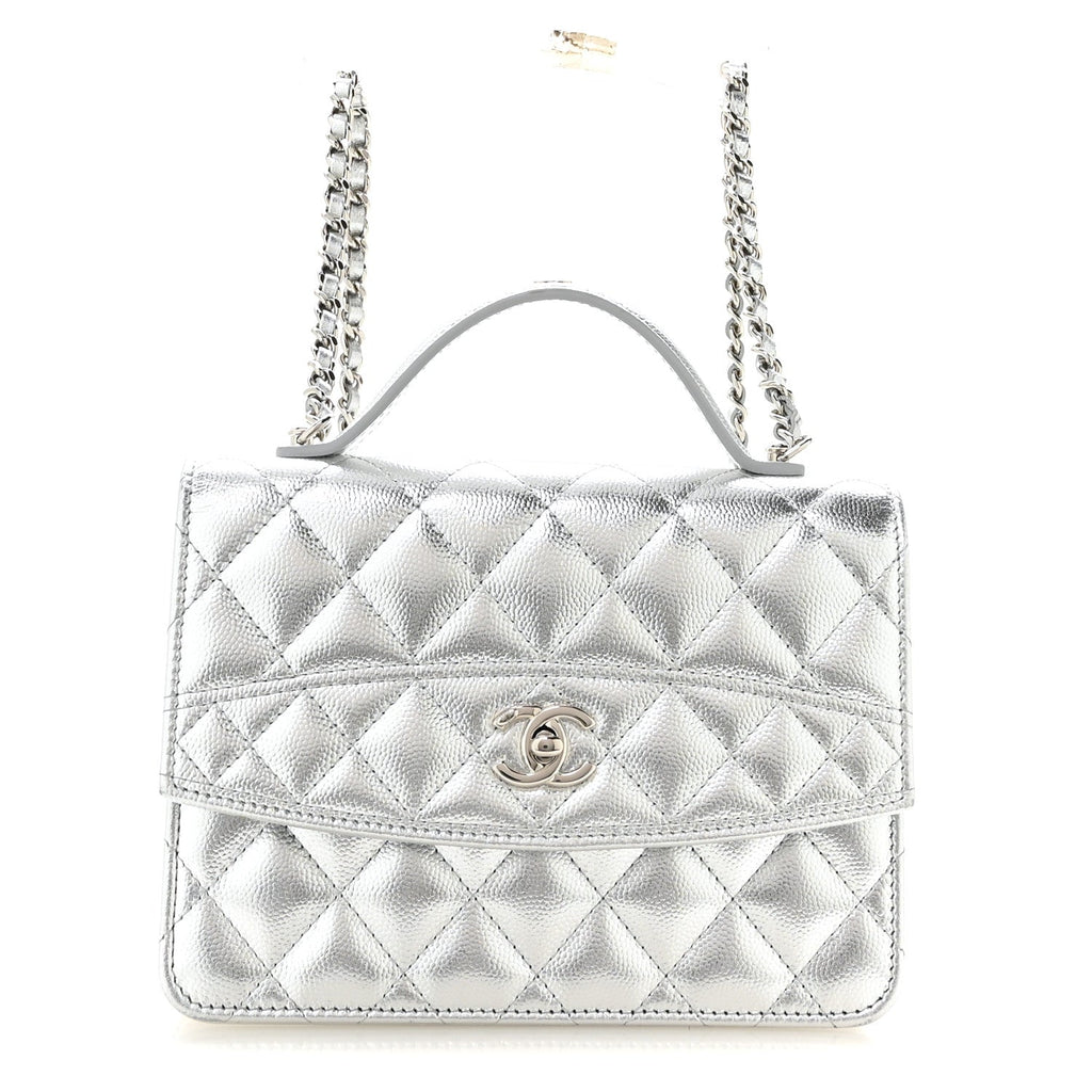 Metallic Caviar Quilted Top Handle Wallet on Chain WOC Silver wholesalehk.shop