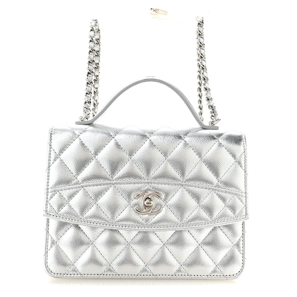 Metallic Caviar Quilted Top Handle Wallet on Chain WOC Silver wholesalehk.shop
