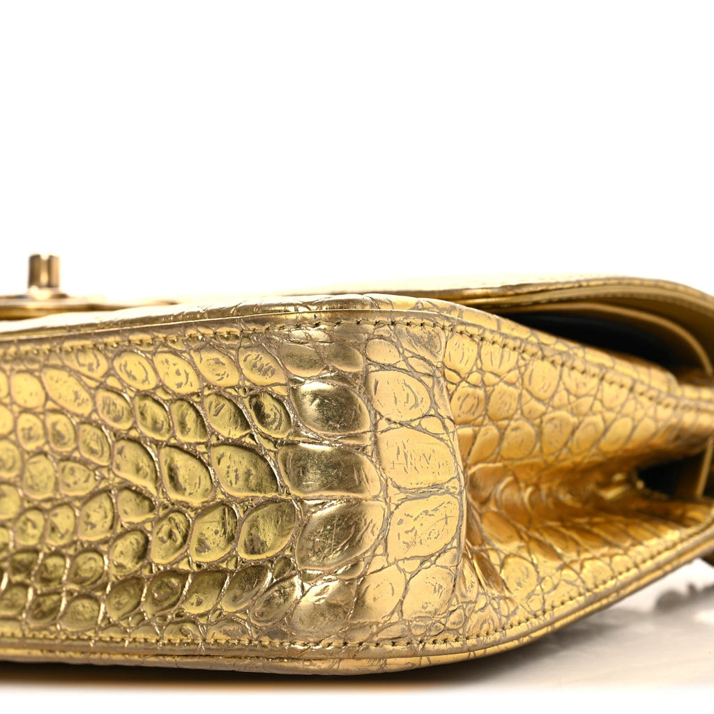 Metallic Calfskin Crocodile Embossed Cocodile Medium Double Flap Gold wholesalehk.shop