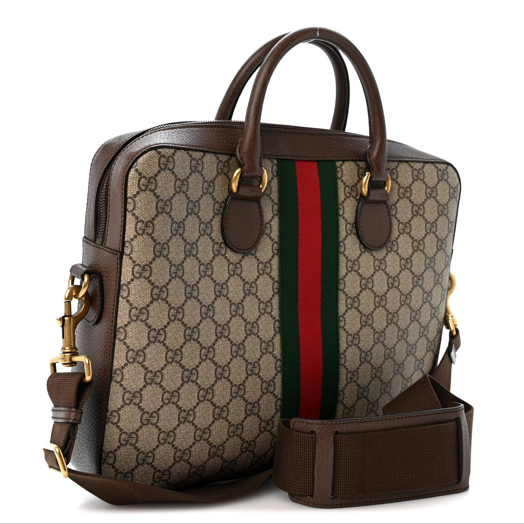 GG Supreme Monogram Textured Calfskin Web Medium Ophidia Briefcase Beige Ebony New Acero wholesalehk.shop