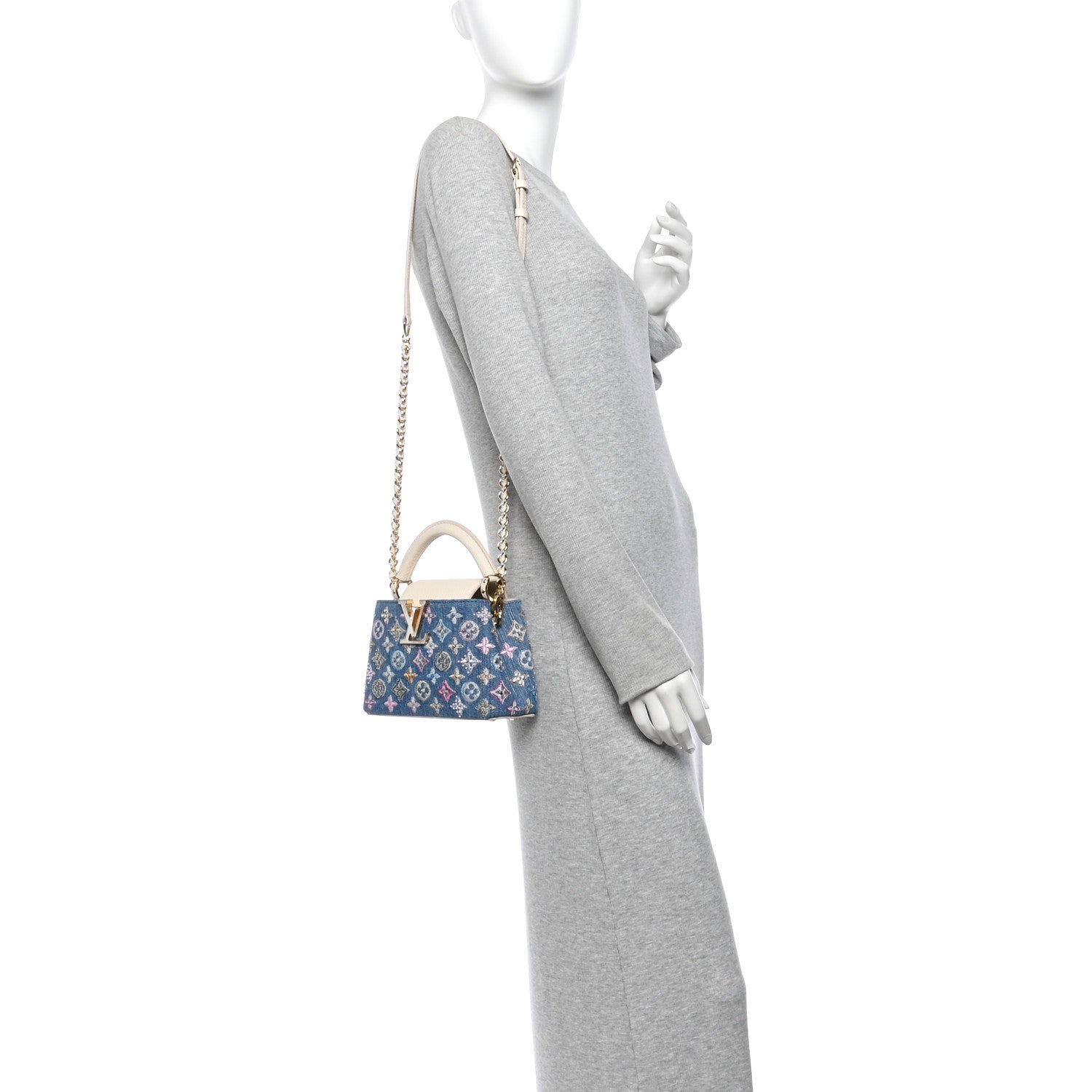 Denim Lurex Beaded Calfskin Capucines Mini Blue Cream £¨ Direct shipment via from wholesalehk.shop